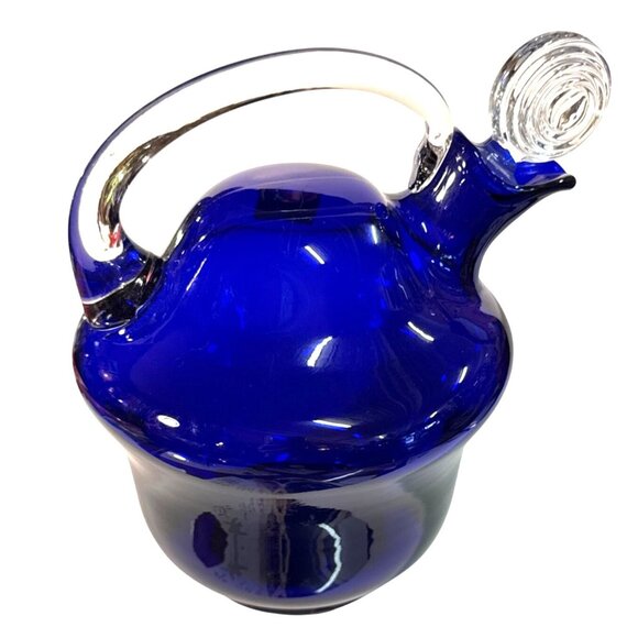 Cobalt Blue Hand-Blown Glass Pitcher & 6 Matching Cups With Swirled Clear Stoppe - Picture 4 of 16